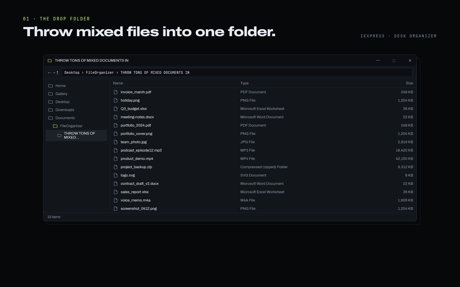 Explorer window showing fifteen mixed files in the THROW TONS OF MIXED DOCUMENTS IN folder